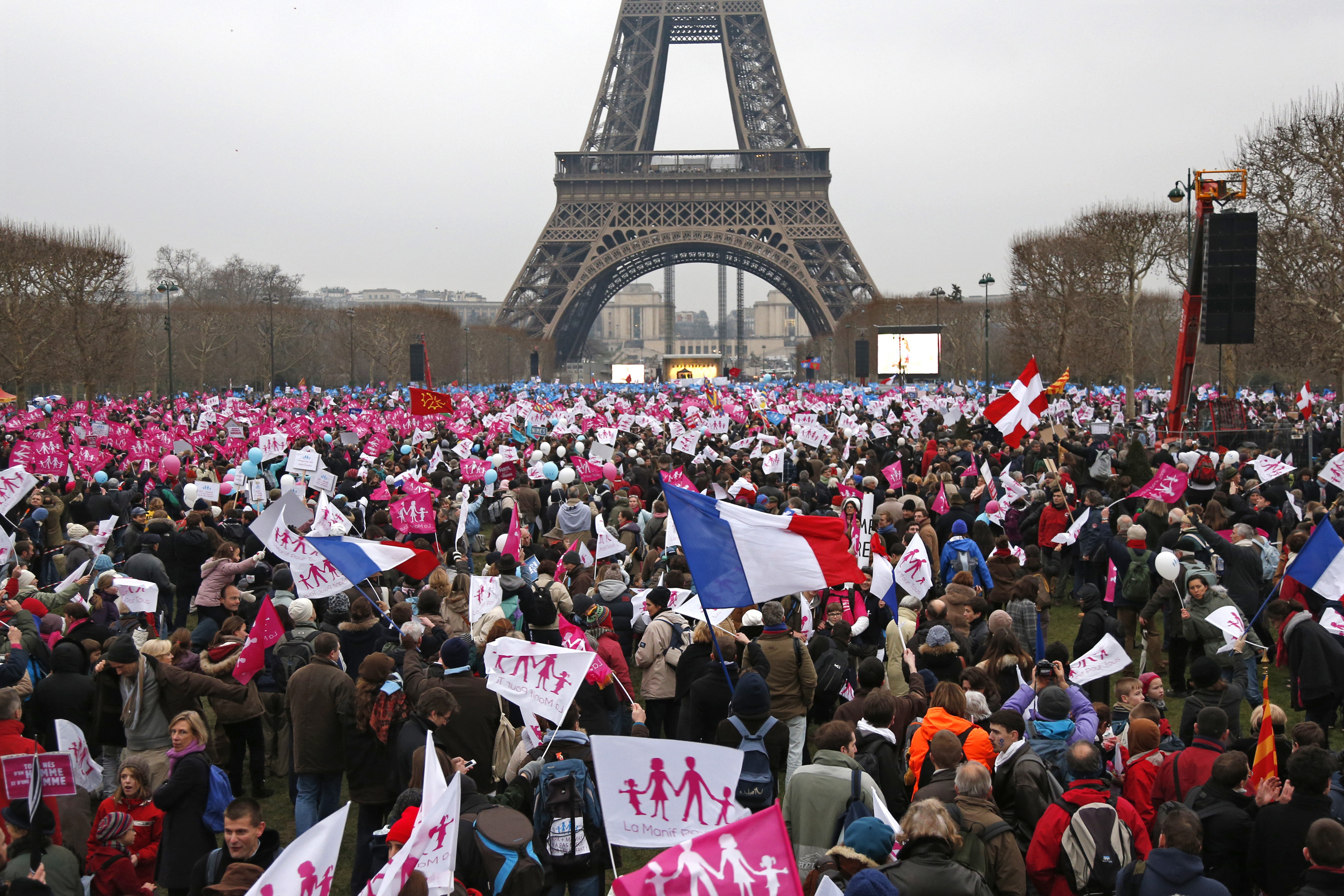 Thousands of demonstrators gather on the Champ de Mars near the Eiffel Tower in Paris, to protest France's planned legalisation of same-sex marriage, January 13, 2013 . REUTERS/Charles Platiau (FRANCE - Tags: POLITICS CIVIL UNREST)